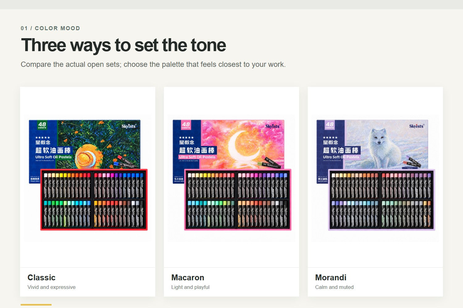 KUELOX Skyists Classic, Macaron, and Morandi 48-color oil pastel sets compared by color mood
