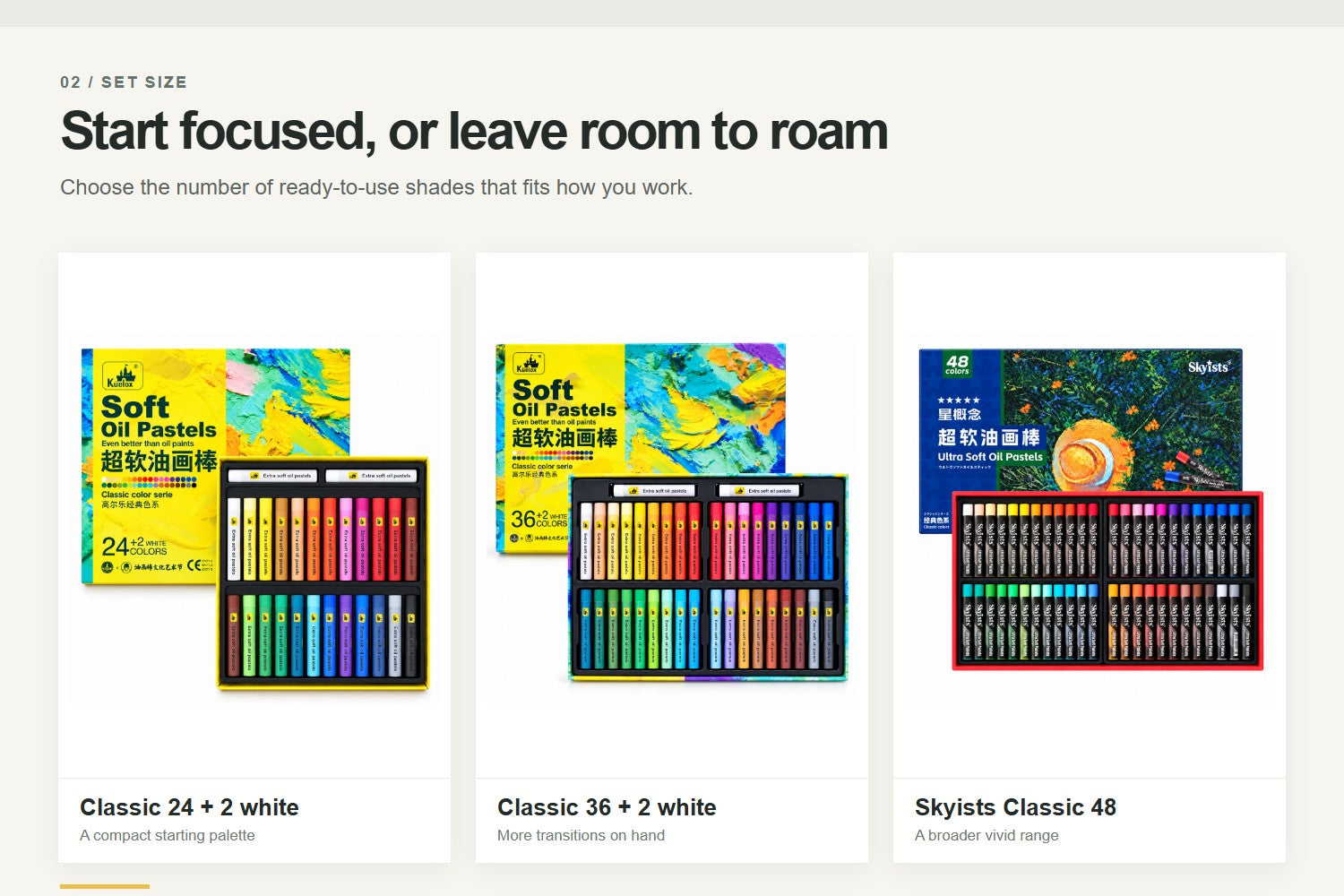 KUELOX Classic 24 plus two white, Classic 36 plus two white, and Skyists Classic 48 oil pastel sets