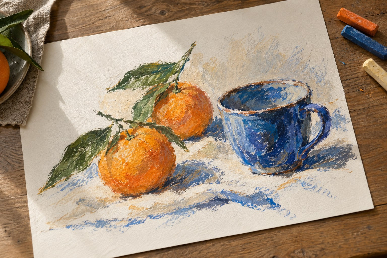 An illustrative oil-pastel still life of oranges and a blue cup on textured paper