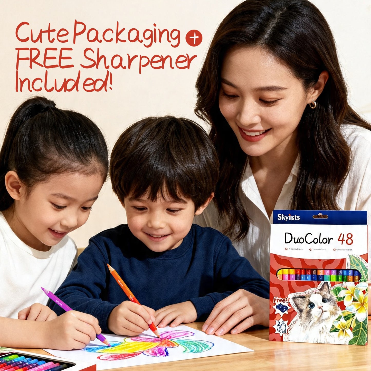 48-Color Twin-Tip Colored Pencil Set with Sharpener